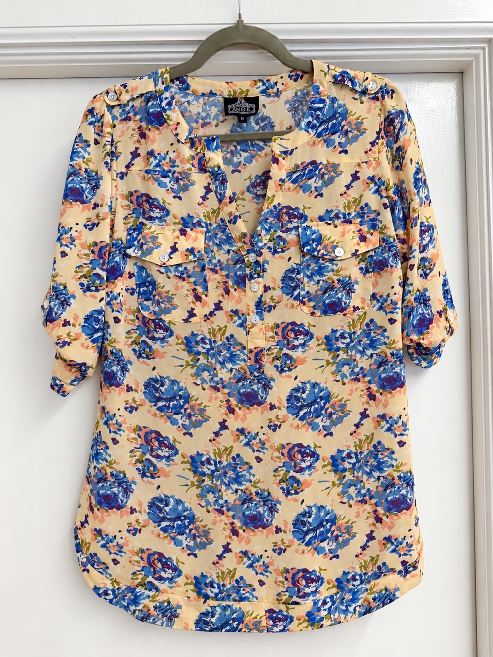 Angie Peach Tunic with Blue Floral Print, Size M